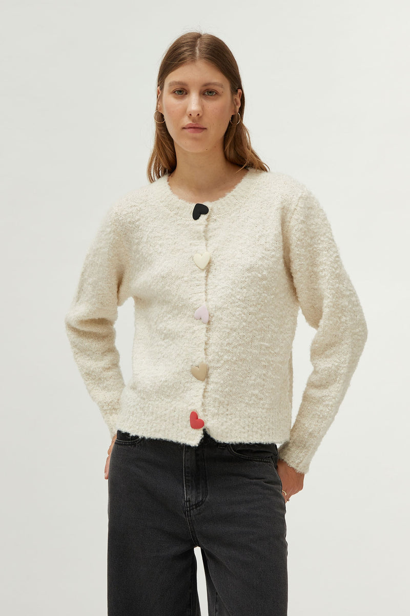 White Off-White Heart Button Cardigan by Compania Fantastica
