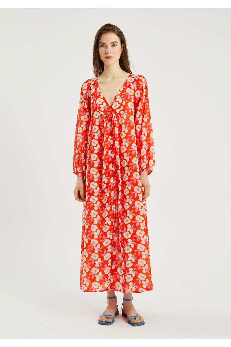 Compania Fantastica Beach Red Floral print voile cotton midi tunic dre Belle Divino