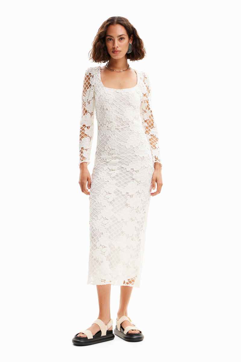Desigual Sandalo Long Sleeved White Crochet Lace Fitted Midi Dress 24S –  Belle Divino