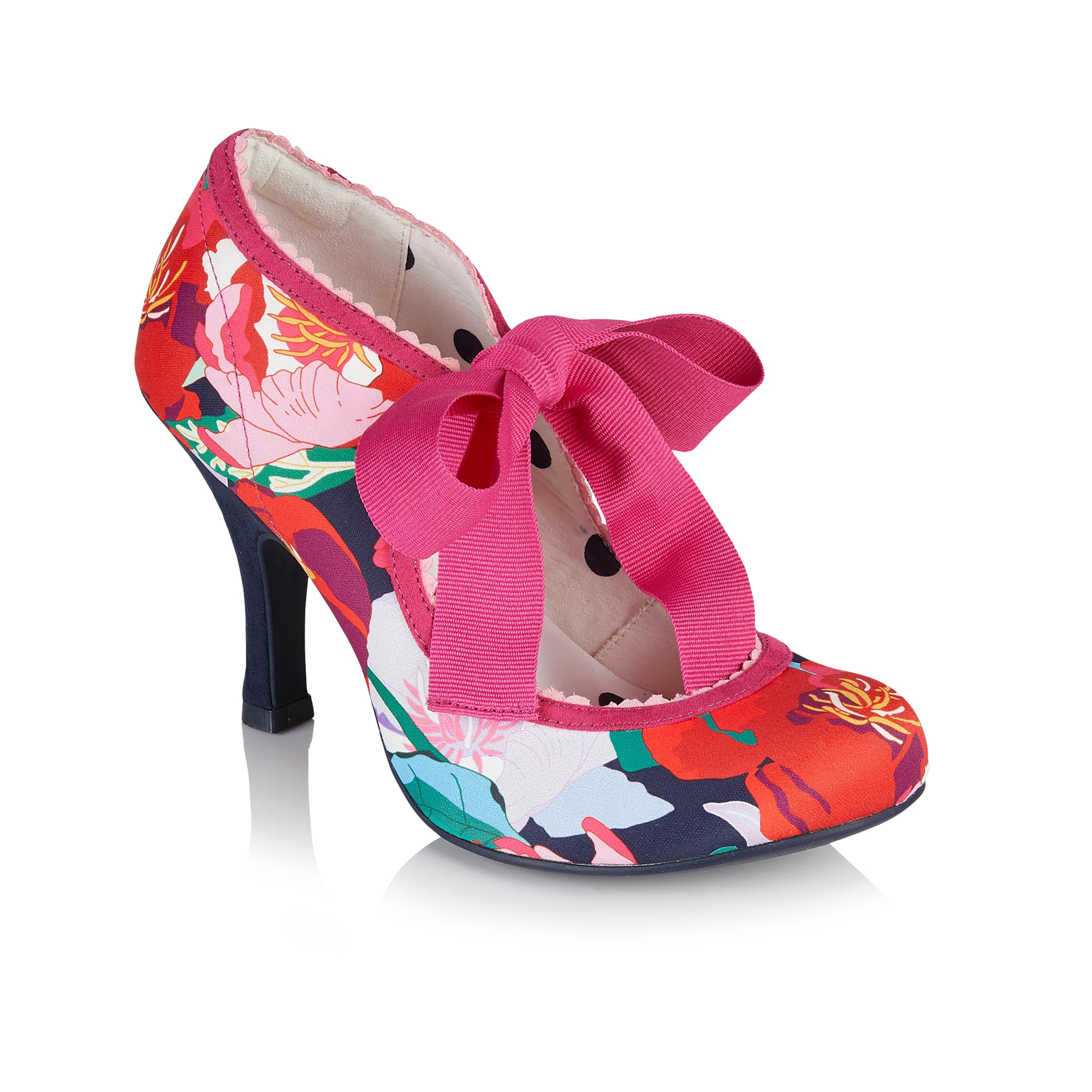 Willow Floral Pink Red Navy Blue High Heel Ribbon Bootie by Ruby