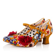 Gillian Mid Low Heel Ochre Floral Mary Jane Bar Shoe By Ruby Shoo