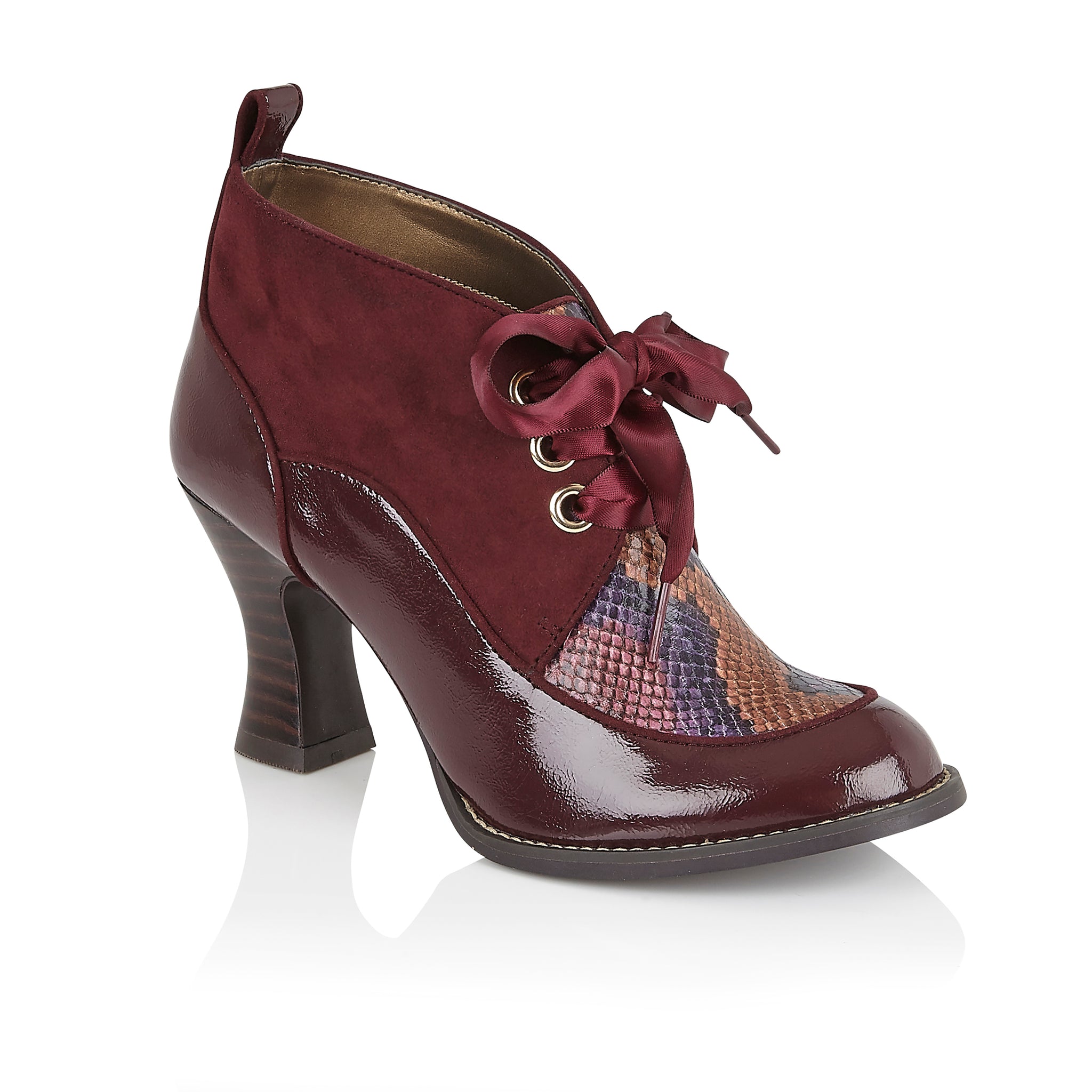 Emma Burgundy Patent Flexible Comfortable Mid Heel Boot by Ruby Shoo Belle Divino