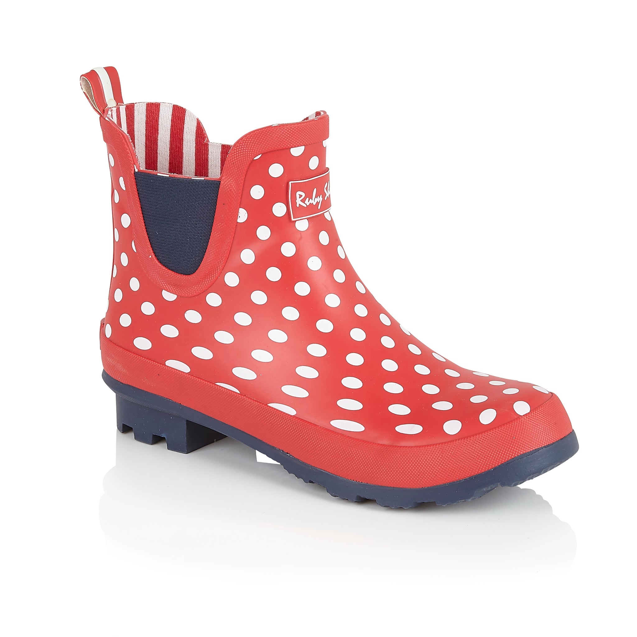 Ginny Red Spots Short Ankle Length Wellington by Ruby Shoo – Belle