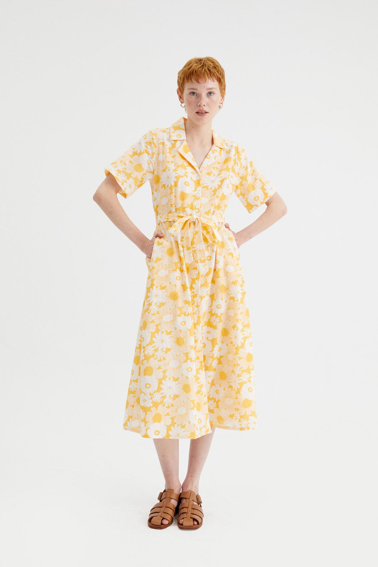 Compania Fantastica 1970s Yellow Floral print midi shirt dress