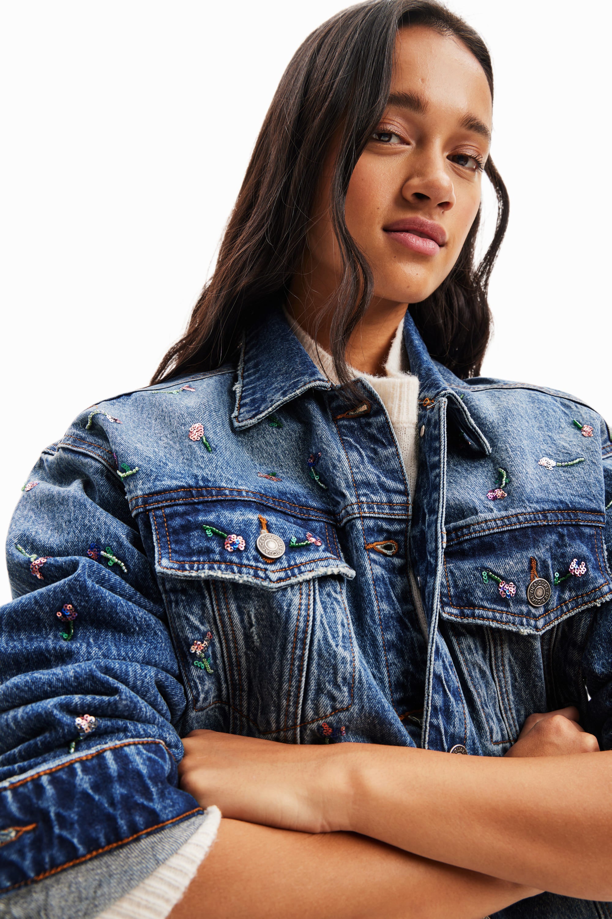 Desigual Savanha Denim Floral Embroidery Jacket 23WWED02 Belle Divino