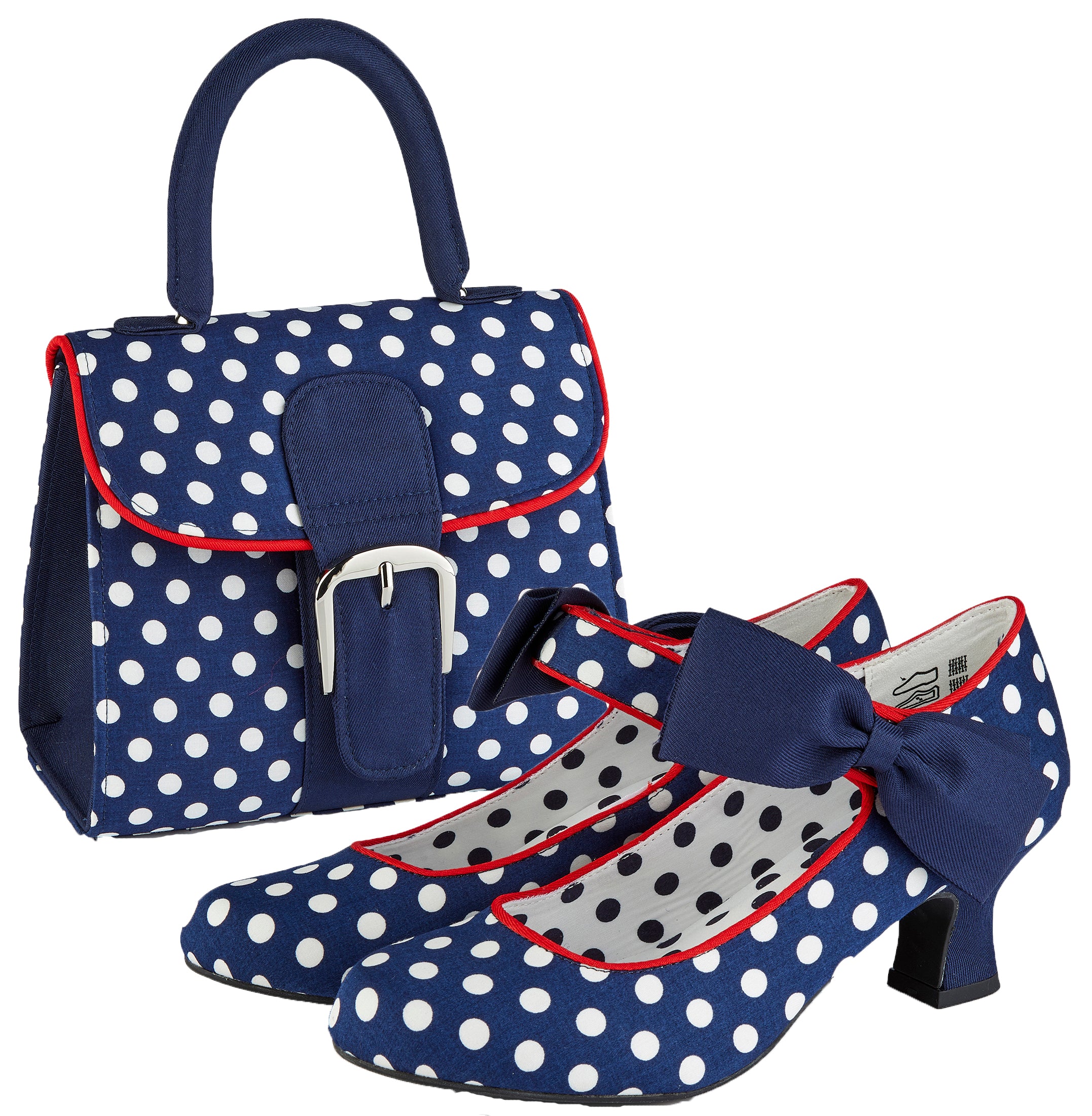 Trixie Navy Blue Spot Mid Heel Ankle Strap Shoe by Ruby Shoo – Belle Divino