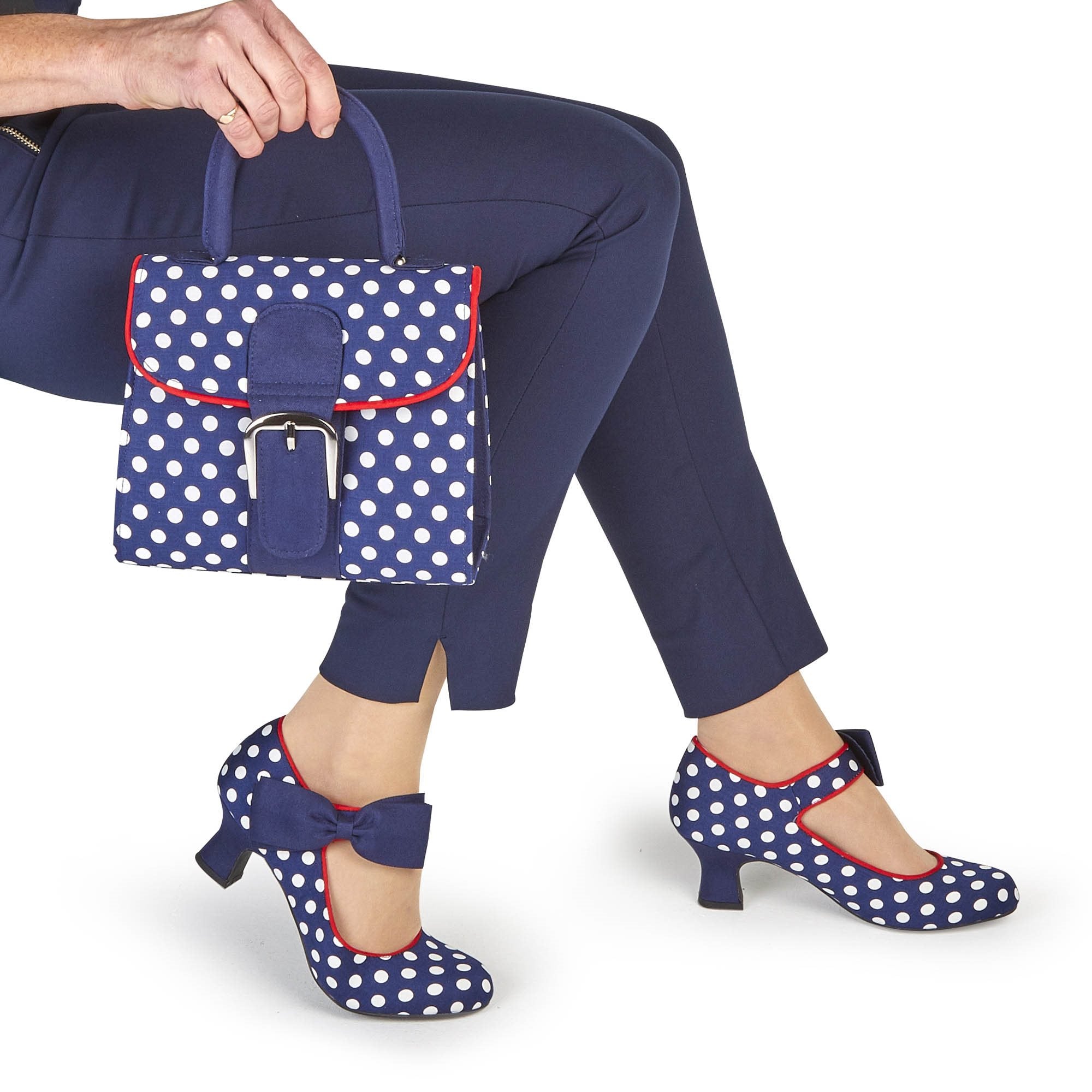 Trixie Navy Blue Spot Mid Heel Ankle Strap Shoe by Ruby Shoo – Belle Divino