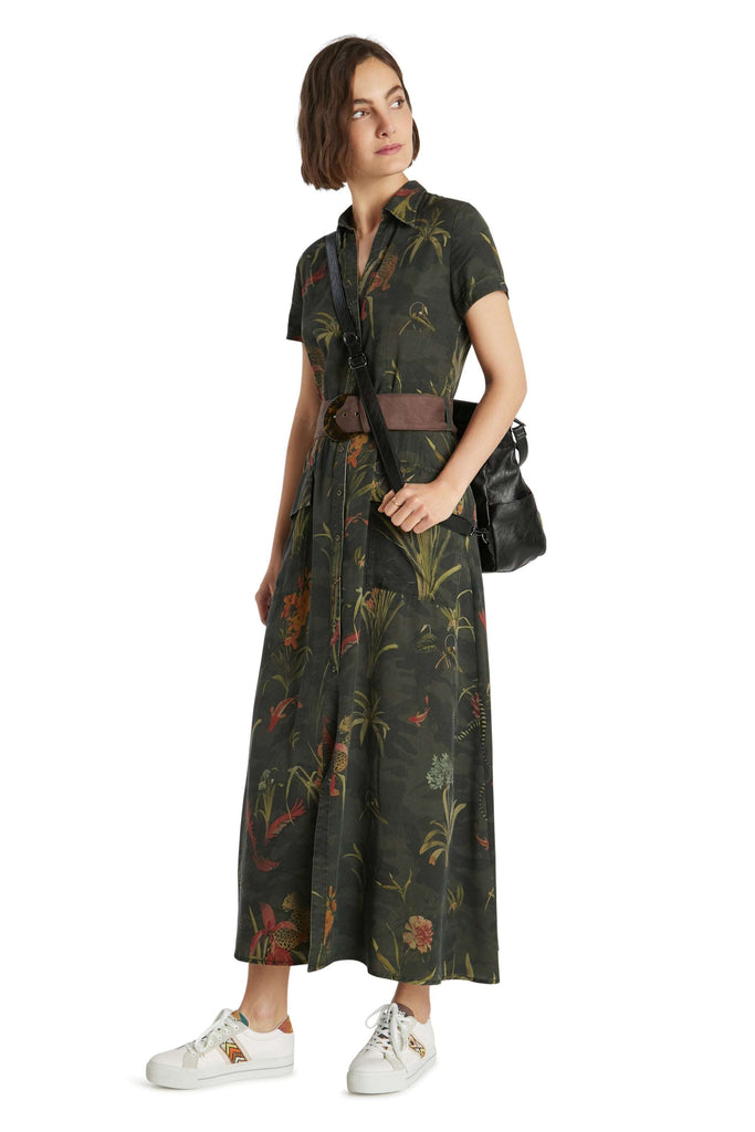Desigual Amsterdam Dress Long Khaki Camouflage Jungle Print Maxi Shirt Dress side
