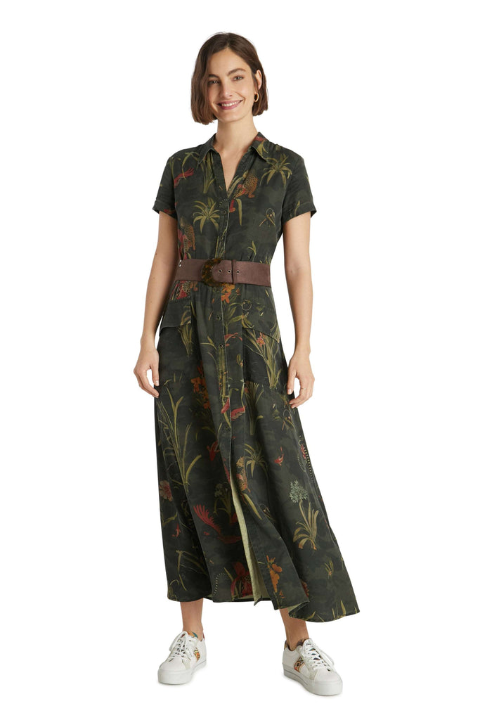 Desigual Amsterdam Dress Long Khaki Camouflage Jungle Print Maxi Shirt Dress front