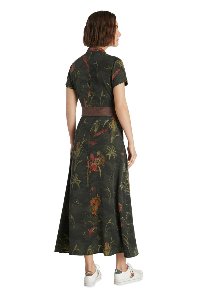 Desigual Amsterdam Dress Long Khaki Camouflage Jungle Print Maxi Shirt Dress back