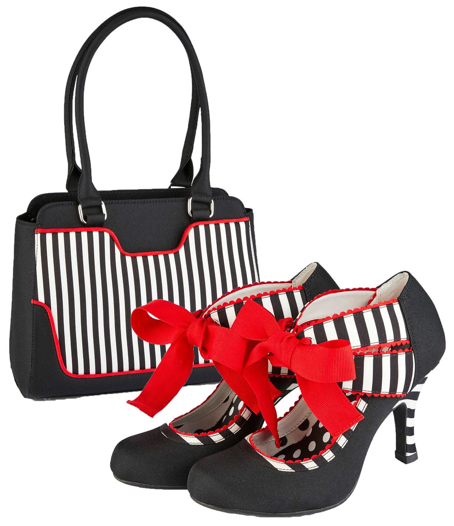 Ruby Shoo Aisha Black Stripe Ribbon Mary Jane Booties matching bag