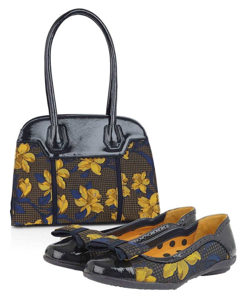 Amber Navy Mustard Ballerina Pumps & Matching Montpellier Bag by Ruby Shoo