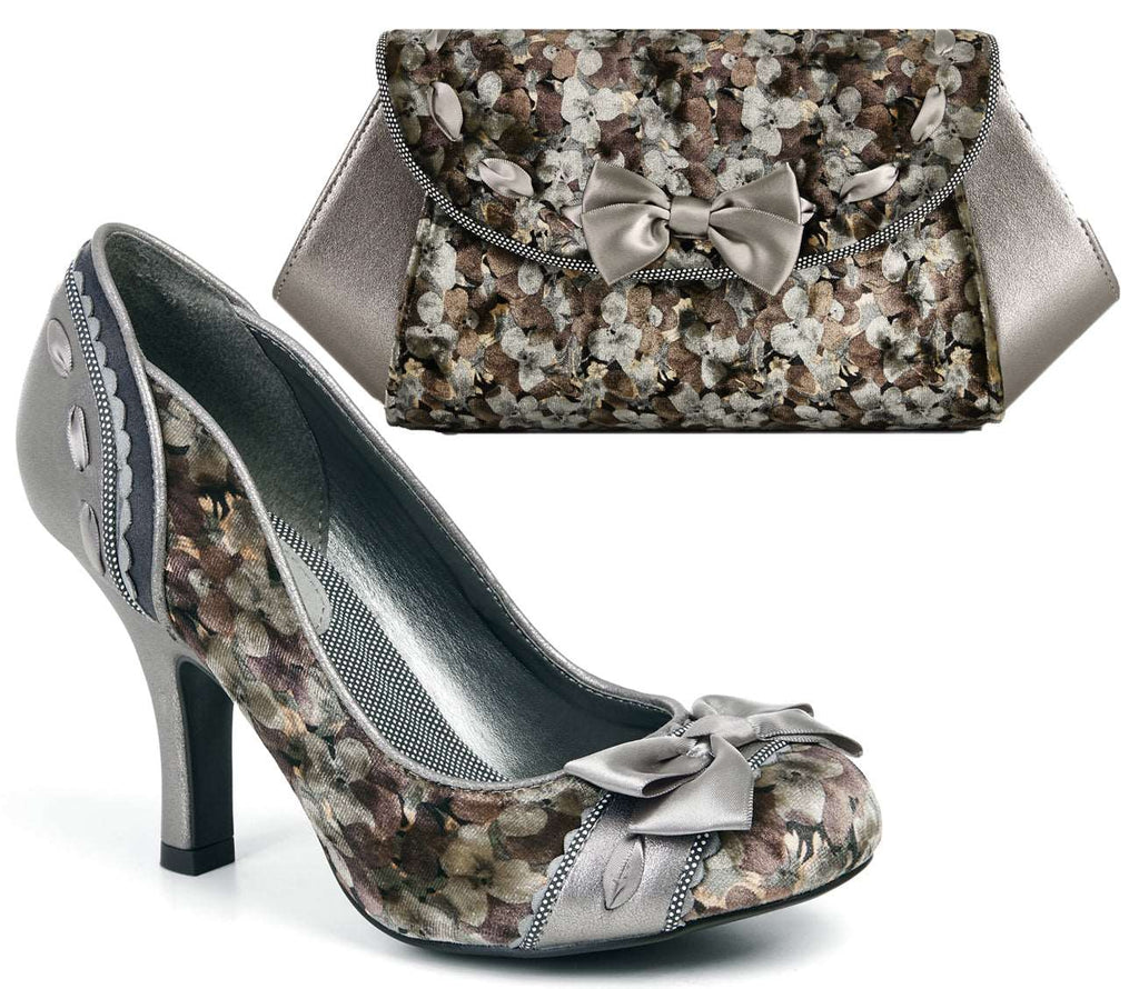 Ruby Shoo Amy Pewter Grey Floral High Heel Court Shoes & Matching Palma Bag